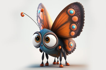 3d illustration of funny cartoon butterfly with big eyes and long legsの写真素材