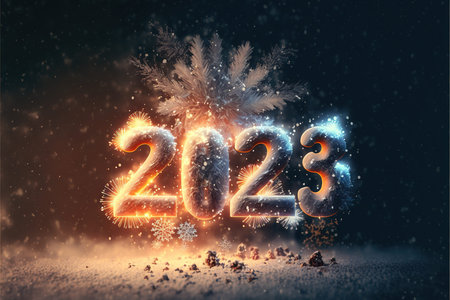 Happy New Year 2023 with fireworks and snowflakes. 3D rendering