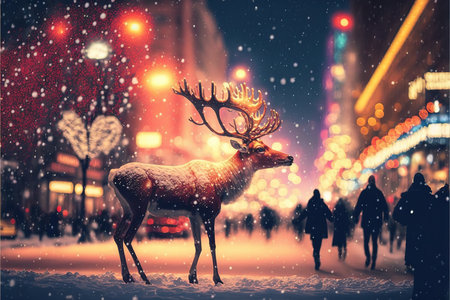 Deer in the city at night. Christmas and New Year concept.の写真素材