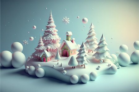 Christmas village with christmas trees and snow balls. 3D renderingの写真素材