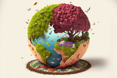 Ecology concept. Earth with trees and birds. 3D renderingの写真素材