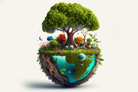 Eco world concept with green tree and blue planet earth on white backgroundの写真素材