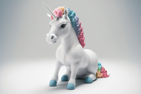Unicorn with rainbow mane 3d rendering on gray backgroundの写真素材