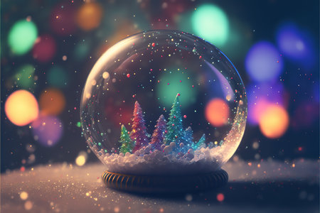 Snow globe with christmas tree inside and colorful bokeh backgroundの写真素材