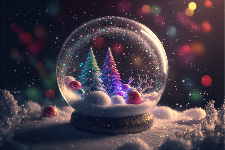 Snow globe with christmas tree and colorful bokeh background. 3D renderingの写真素材