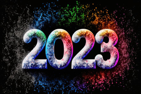 Happy New Year 2023 written with colorful sparkles on black background