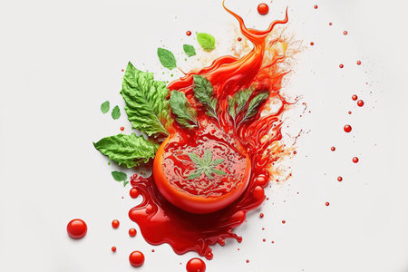 Tomato with splashes of tomato juice and basil on white backgroundの写真素材