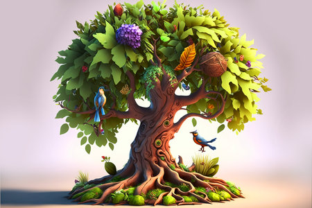 3d rendering of a tree with birds and fruits on it.の写真素材