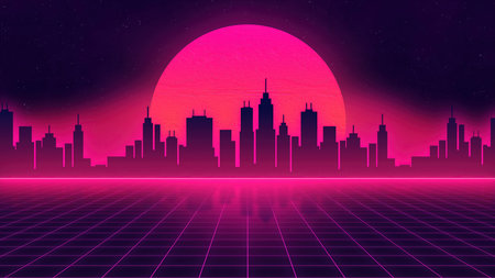Retro 80s style cyberpunk city background. Futuristic 80s or 90s style.