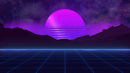 80s Retro Sci-Fi Background. Futuristic Landscape with Mountain and Sunset. vector illustration