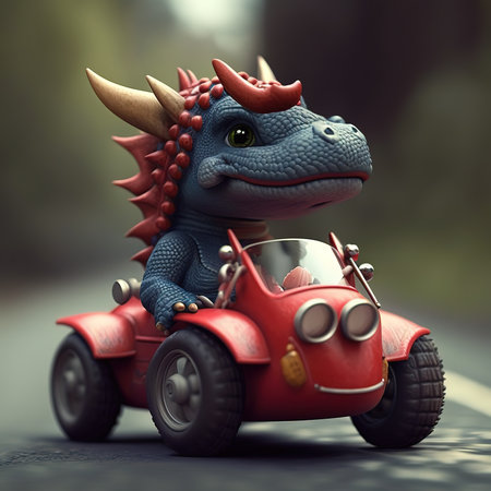 3D render of a fantasy dragon driving a red car on the roadの写真素材
