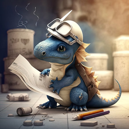 Cute dinosaur in helmet and glasses reading newspaper. 3D renderingの素材
