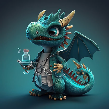 Cute cartoon dragon with a bottle of water and a stethoscopeの写真素材