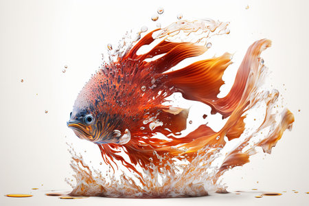 3d render of a red and orange fish splashing in waterの素材