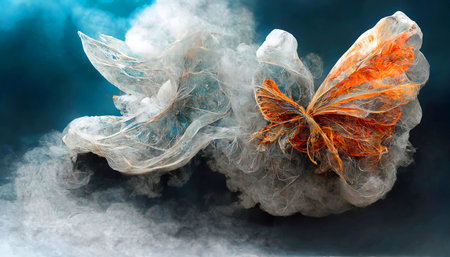 3d illustration of a butterfly made of plastic with smoke in the backgroundの素材