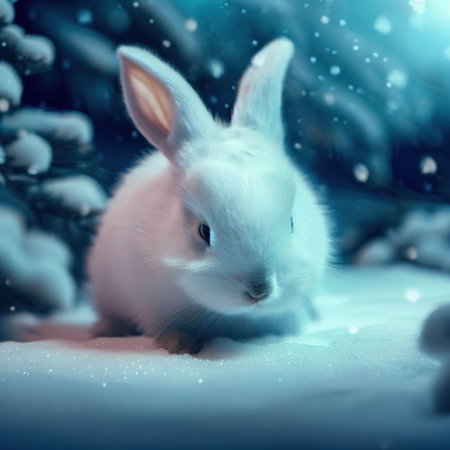 Cute white rabbit in the snow. Christmas and New Year background.の素材