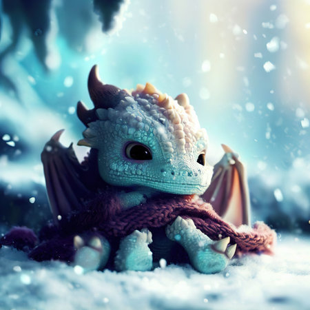 Fairy tale dragon in the snow. Fairy tale fantasy animal.の素材