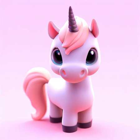 Cute cartoon unicorn on a pink background. 3d rendering.の素材