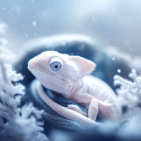 Cute little chameleon on the background of snowflakesの素材