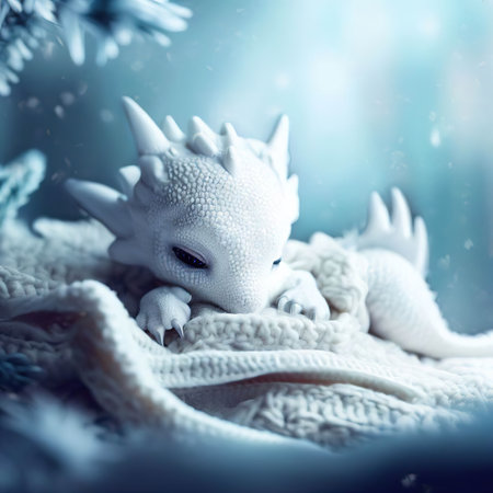 Cute little white dragon on a knitted plaid with snowflakesの素材
