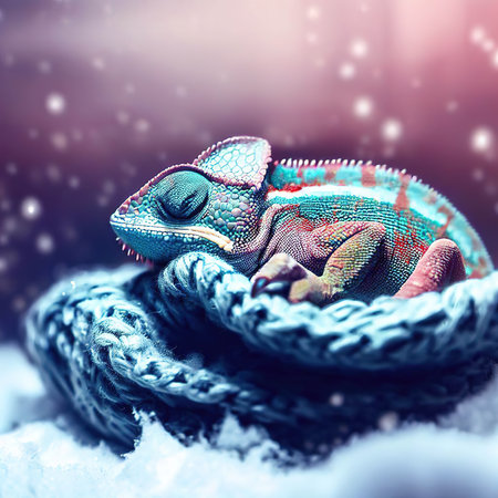 Chameleon on the background of a scarf in the snow.の素材