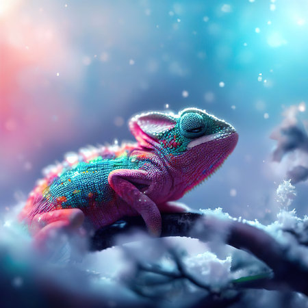 Colorful chameleon on a branch in the winter forest.の素材