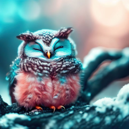 Funny owl in winter forest. Christmas background. Toned.の素材
