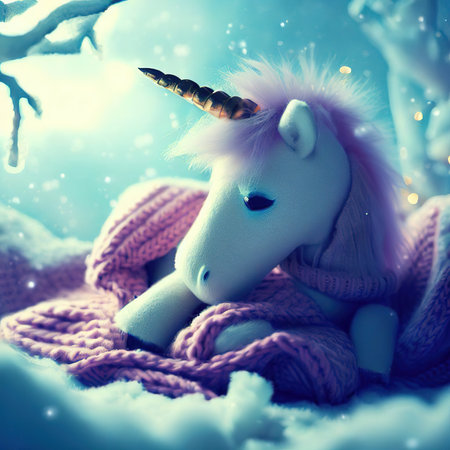 Unicorn in a warm knitted scarf on a winter background.の素材