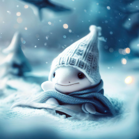 Unicorn in a warm knitted scarf on a background of a winter forest.の素材