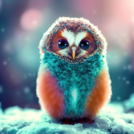 Cute owl sitting on the snow in the winter forest and looking at the camera.の素材
