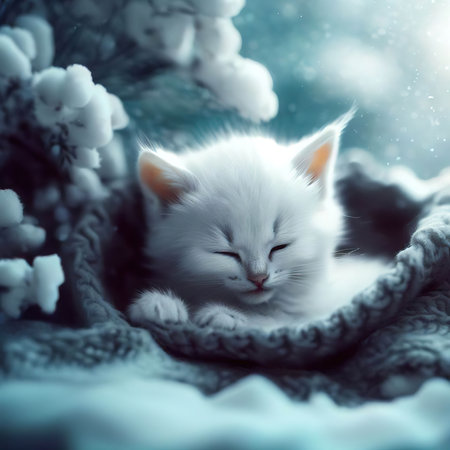 Cute white kitten in a knitted sweater on a winter background.の素材