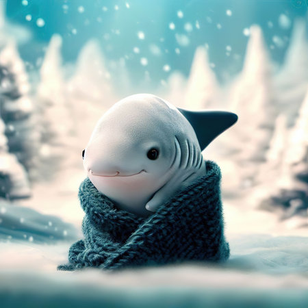 Cute white baby shark in a knitted scarf in the winter forestの素材