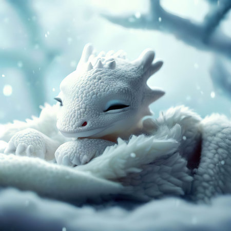 Cute little white dragon in a warm knitted hat and scarf.の素材