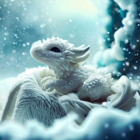 Christmas background with snow, snowflakes and cute white toy dragonの素材