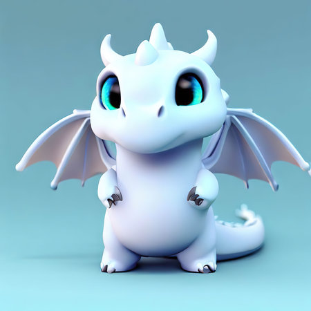 Little dragon with blue eyes and wings on a blue background. 3D rendering.の素材