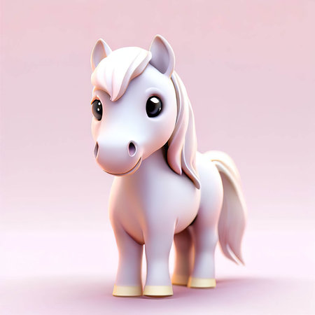 3d illustration of a white pony with pink eyes on a pink backgroundの素材
