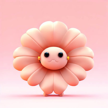Cute flower cartoon character isolated on pink background. 3d renderingの素材