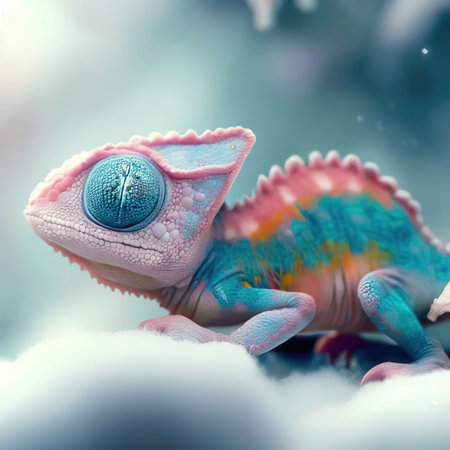 Cute chameleon on the background of the sky with cloudsの素材