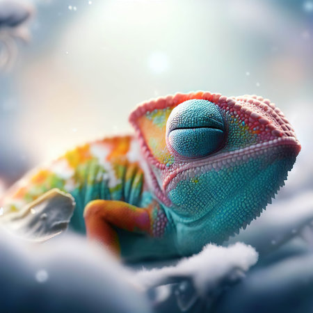 Cute chameleon in the snow, 3D illustration.の素材