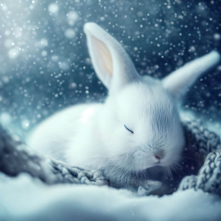 Cute little white rabbit on a background of a winter landscape.の素材