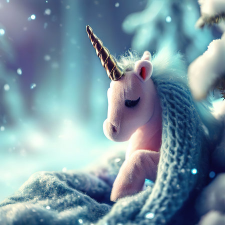 Cute unicorn in a knitted scarf. Winter fairy tale.の素材