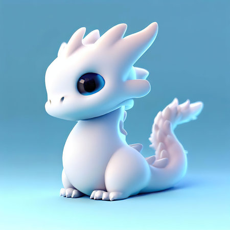 3D rendering of a cute white dragon sitting on a blue backgroundの素材