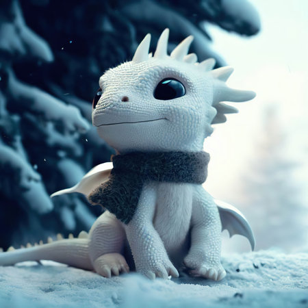 Cute toy dragon in winter forest. Christmas and New Year theme.の素材