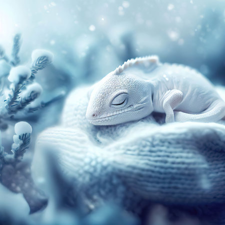 Cute baby chameleon on a white knitted blanket in the snowの素材