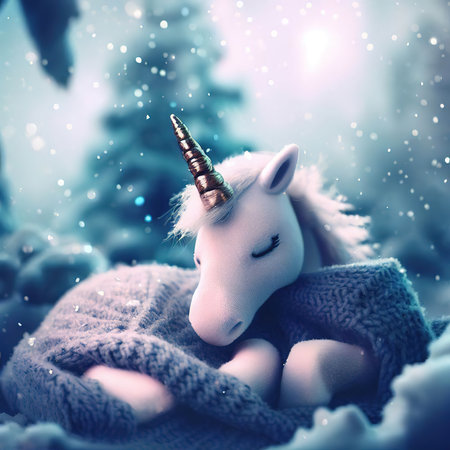 Unicorn in a knitted sweater on a background of a winter forestの素材