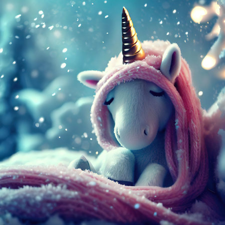 Cute unicorn on the background of a winter forest with snow.の素材