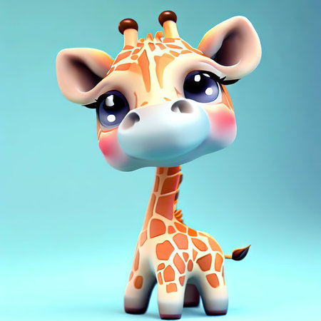 Cute giraffe cartoon character on blue background. 3d renderingの素材