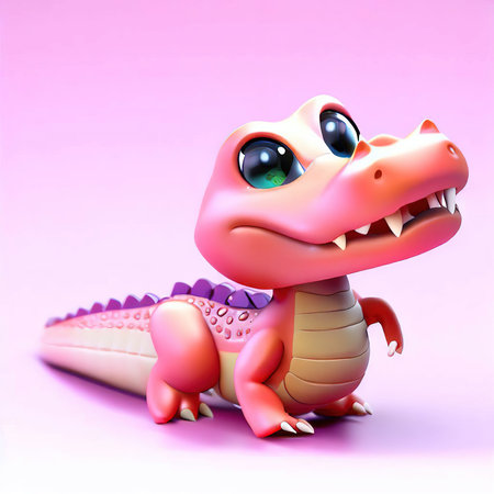 Cute cartoon crocodile on pink background. 3d rendering.の素材