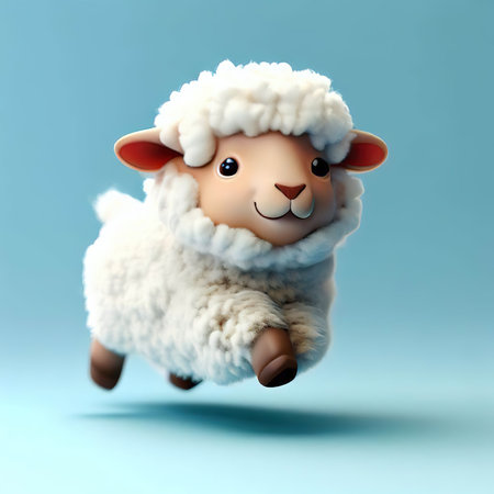 3d rendering of a cute sheep jumping on a blue background.の素材
