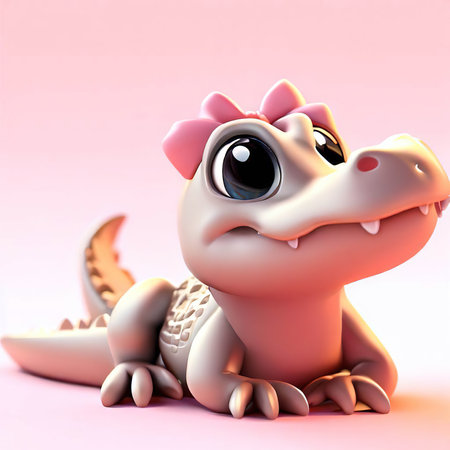 cute baby crocodile on pink background. 3d illustration.の素材